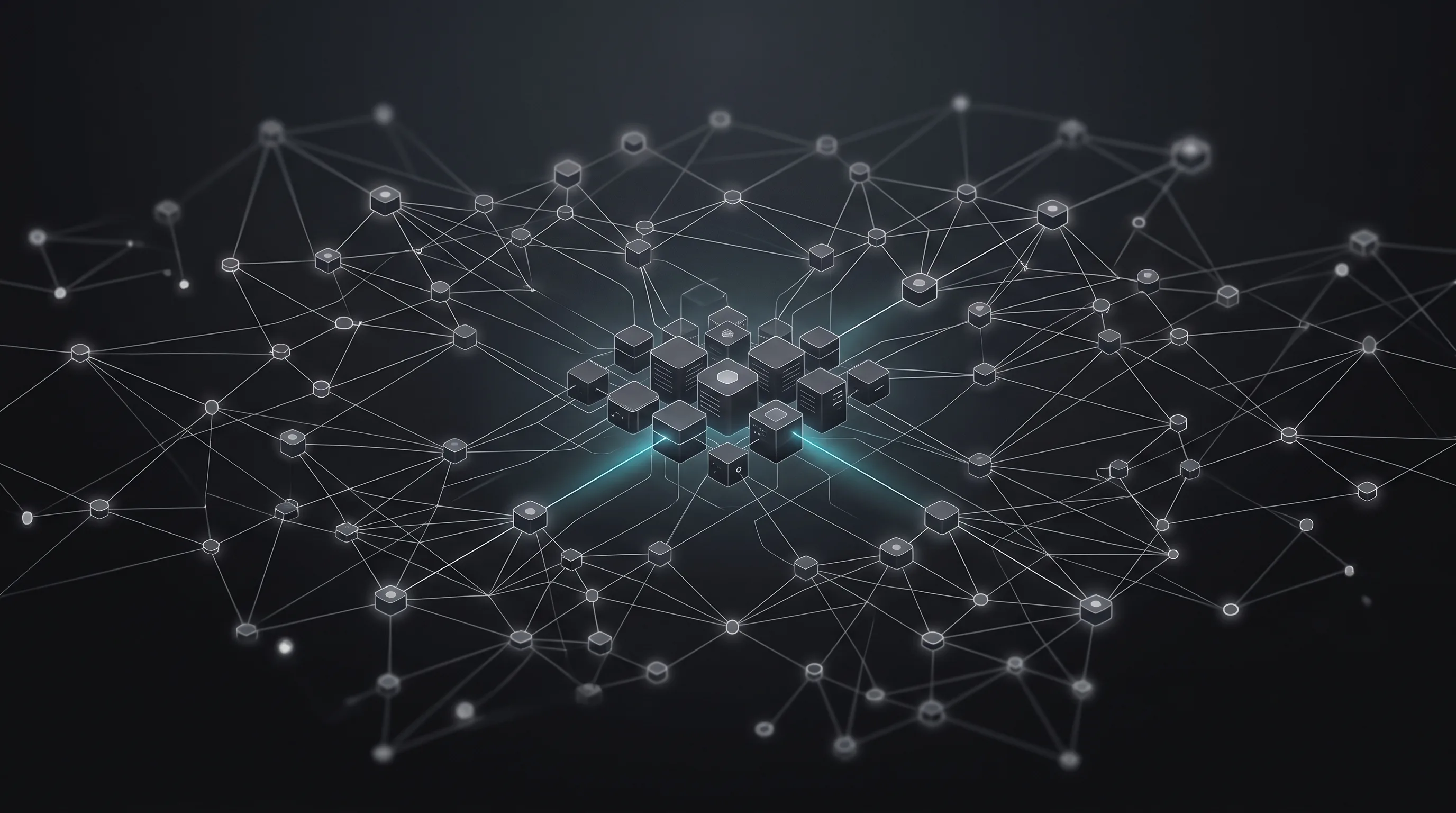 Abstract illustration of a distributed server network with glowing connections between nodes